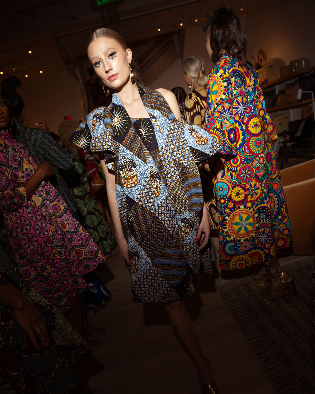 BLUE PATCHWORK OFF THE SHOULDER DRESS BLUE PATCHWORK OFF THE SHOULDER DRESS