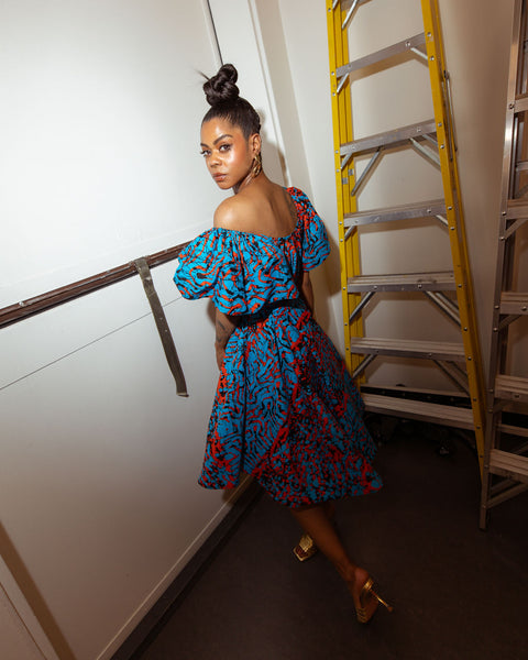 Acka. sheer shoulder dress【size1】 AQUA & ORANGE OFF THE SHOULDER DRESS – The Oula Company