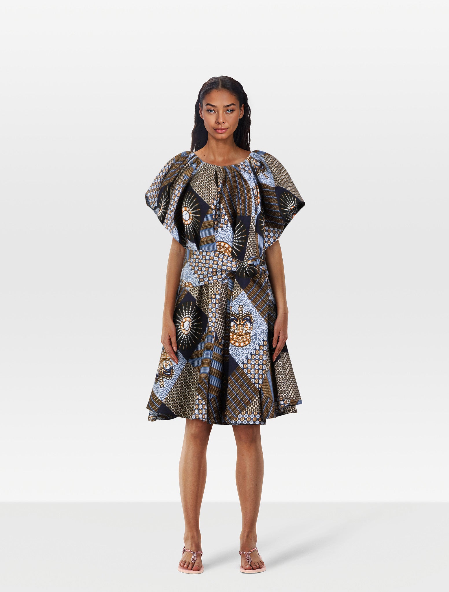 BLUE PATCHWORK OFF THE SHOULDER DRESS – The Oula Company